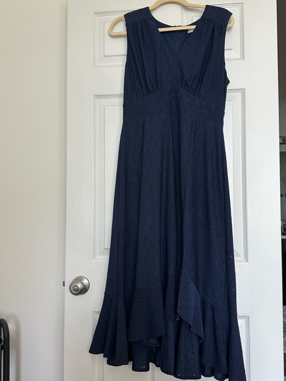London Times Women's Navy Eyelet V-Neck Midi Dress